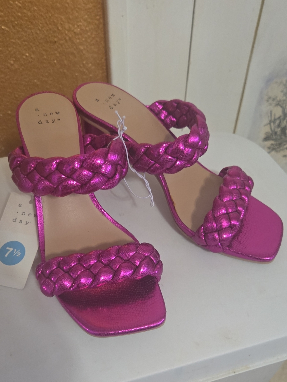 a new day Metallic Fuchsia Braided Two-Strap Heeled Slides